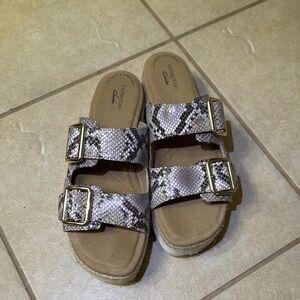 Clarks Snakeskin Pattern Sandals with Gold Buckles